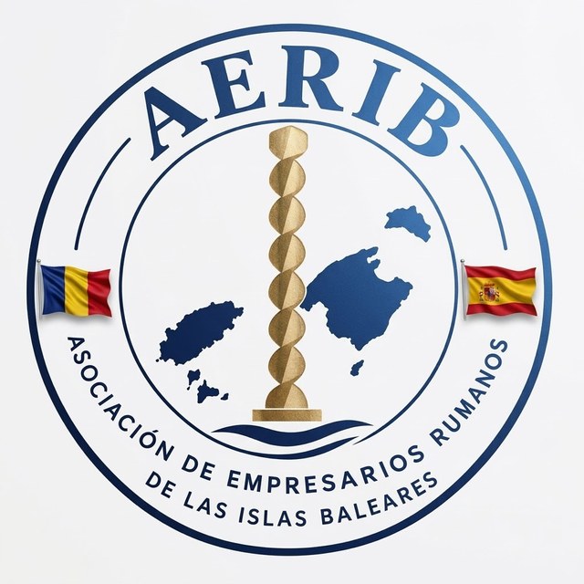 Sello de AERIB: columna dorada entre las siluetas de las Islas Baleares, con las banderas de Rumanía y España.